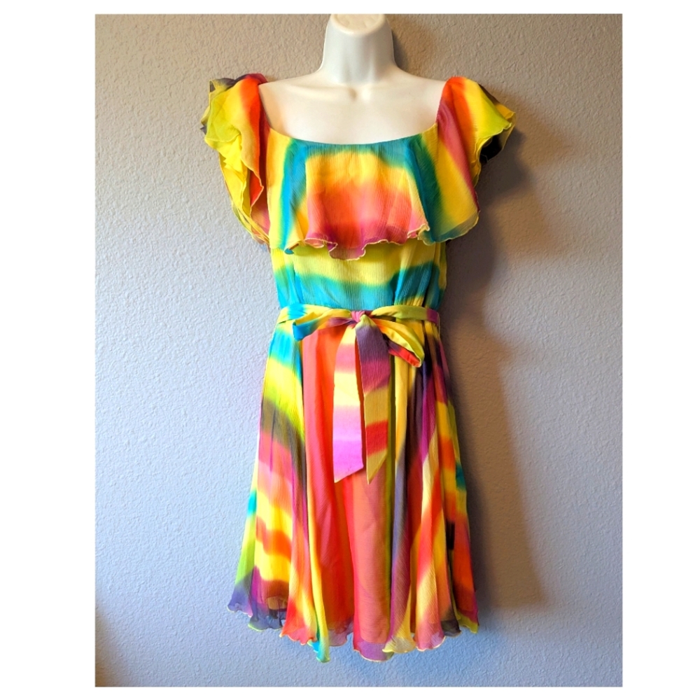 💥SALE💥 Alice + Olivia Vibrant Multicolor Rainbow Ruffle Dress 100% Silk Sz. M - Picture 3 of 13